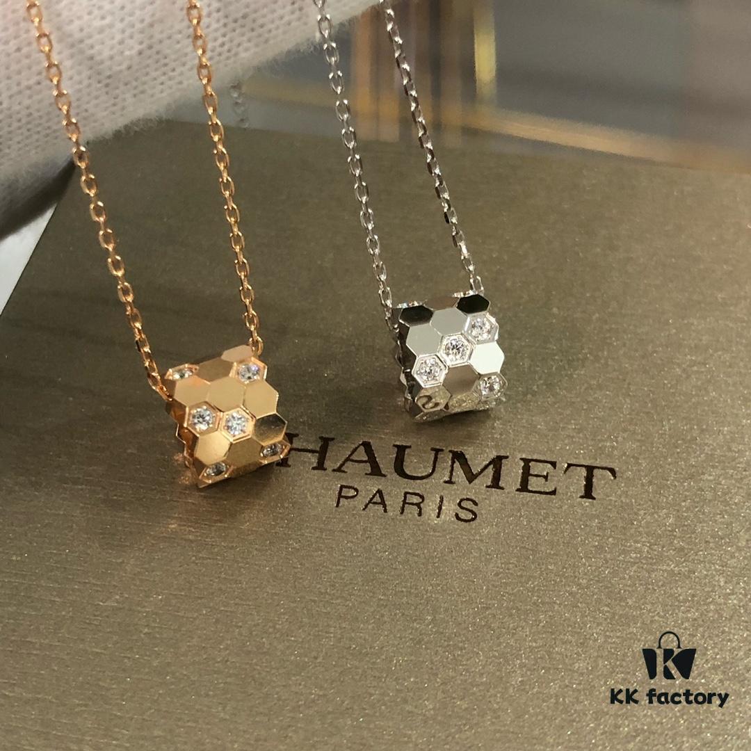 CHAUMET Honeycomb Half-Diamond Small Cylinder Necklace, Two Tones, Double-Sided Wearing, V-Gold Material