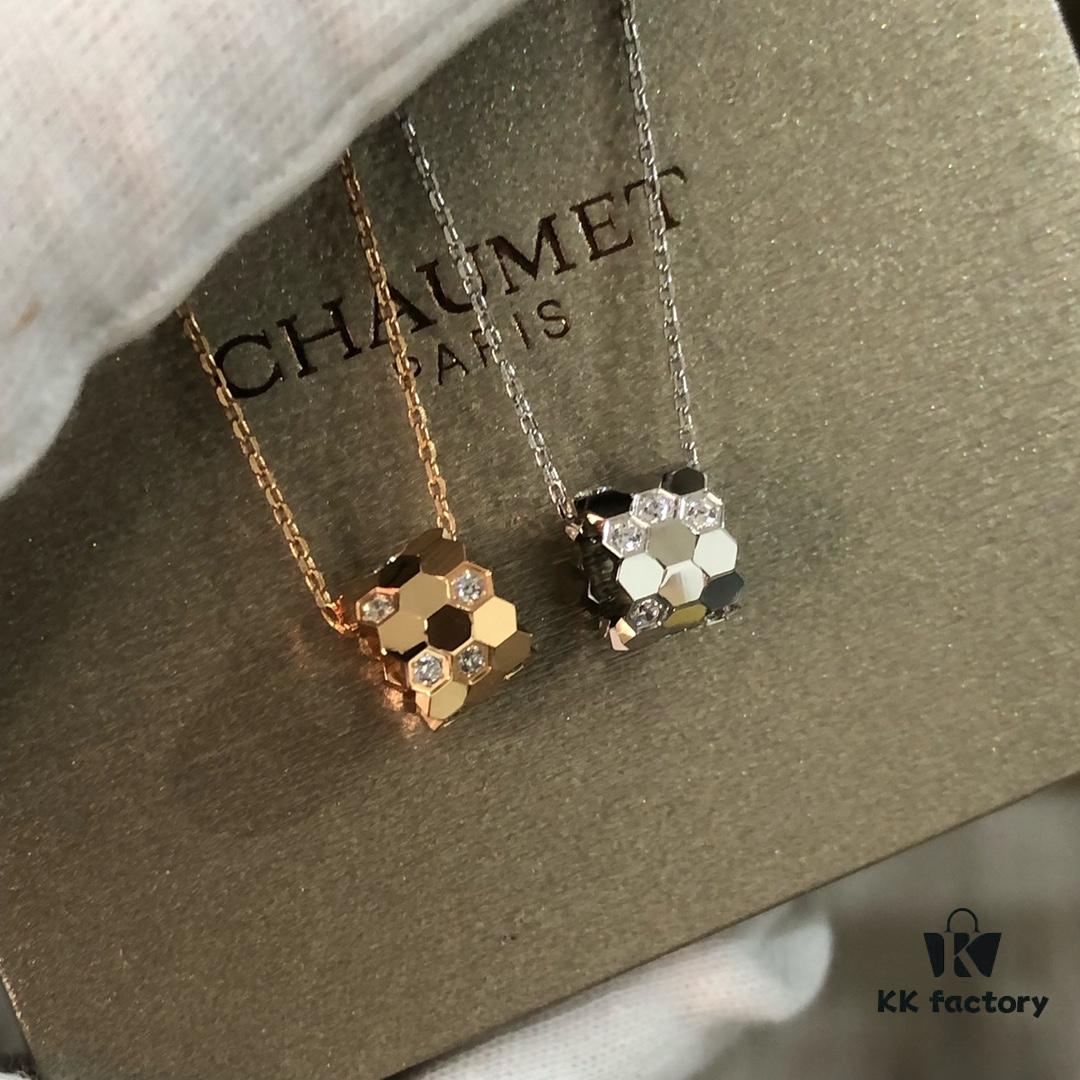 CHAUMET Honeycomb Half-Diamond Small Cylinder Necklace, Two Tones, Double-Sided Wearing, V-Gold Material