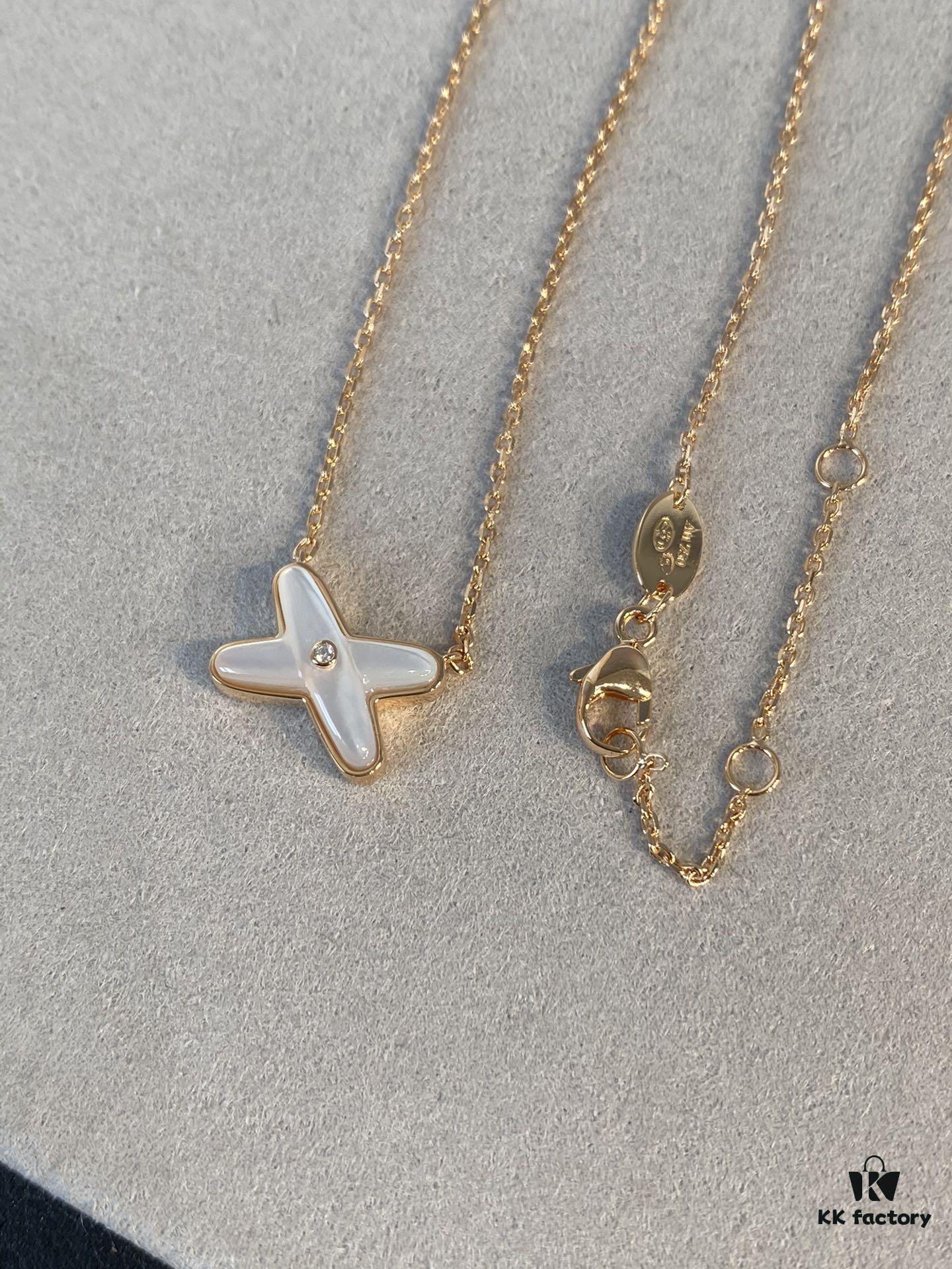 Cross Necklace in Rose Gold with White Shell, Chu Shang Mei Paris, Palladium Plated + 0.5 Version, 37.5-41.5cm, Full V-Gold with Natural Deep-Sea White Shell, Individually Carved Stone Setting, Center Inlaid with Premium Silicon Titanium Material