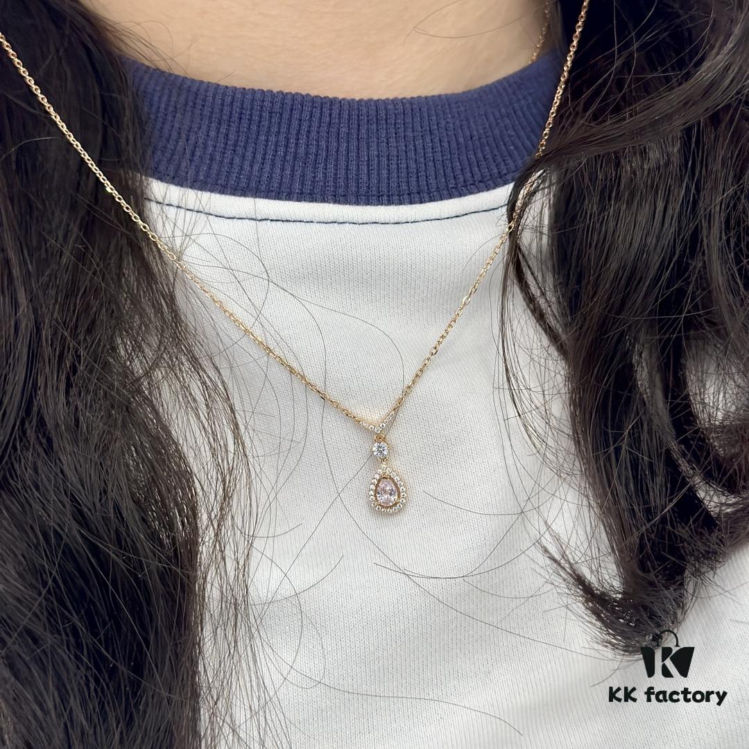 Swarovski Teardrop Pear-Shaped Diamond Pendant Necklace with Tassel, High-Quality Hand-Set Imported Zircon Gemstones