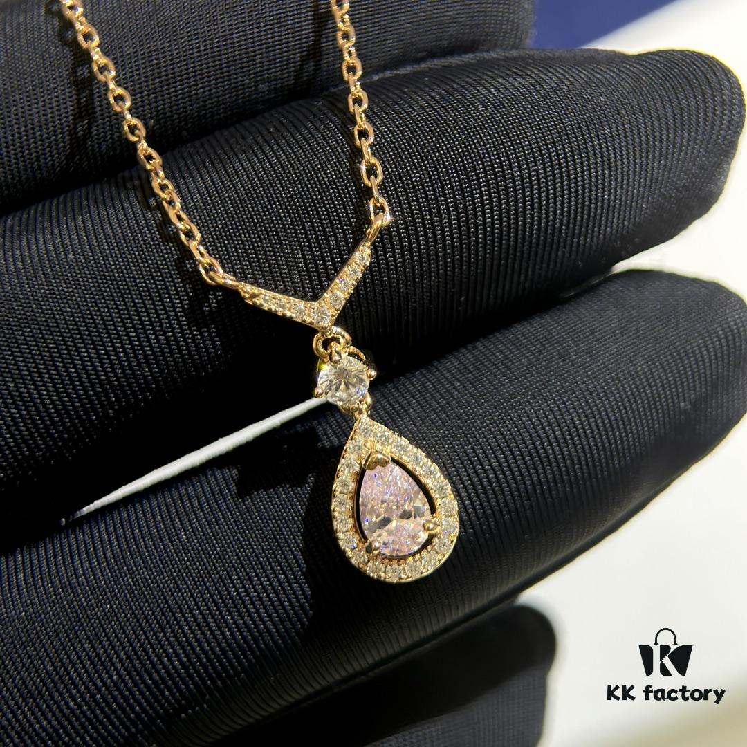 Swarovski Teardrop Pear-Shaped Diamond Pendant Necklace with Tassel, High-Quality Hand-Set Imported Zircon Gemstones