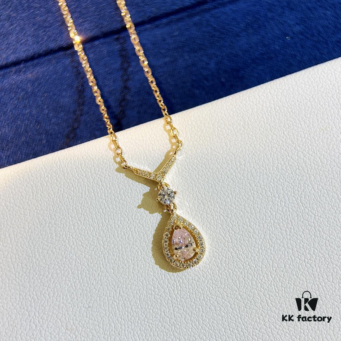 Swarovski Teardrop Pear-Shaped Diamond Pendant Necklace with Tassel, High-Quality Hand-Set Imported Zircon Gemstones