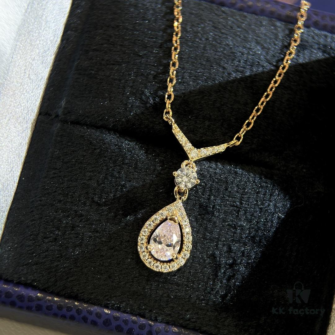 Swarovski Teardrop Pear-Shaped Diamond Pendant Necklace with Tassel, High-Quality Hand-Set Imported Zircon Gemstones