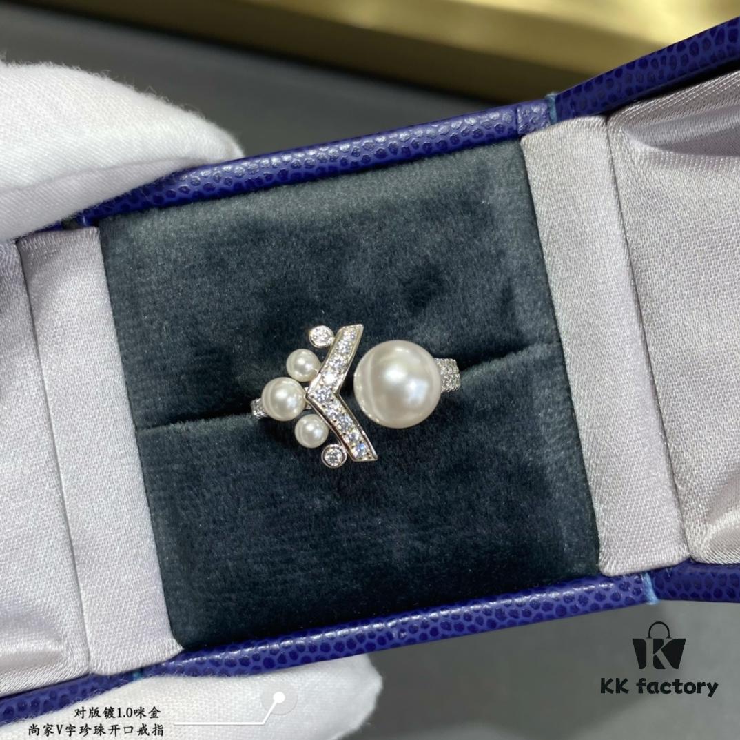 Shangmei V-Shaped Pearl Open Ring 💍 Uniquely Customized with Your Love, Exquisite Micro-Pave Craftsmanship ♥️ A Soulmate's Promise: Grow Old Together