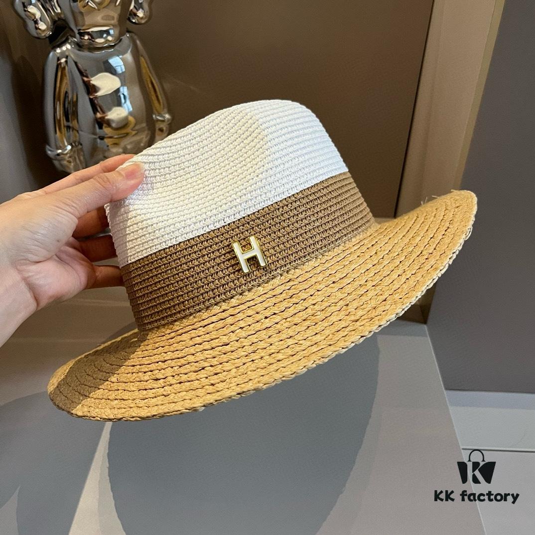 Hermès New Arrival Color-Block Straw Hat, Raffia Brim, 57cm Head Circumference