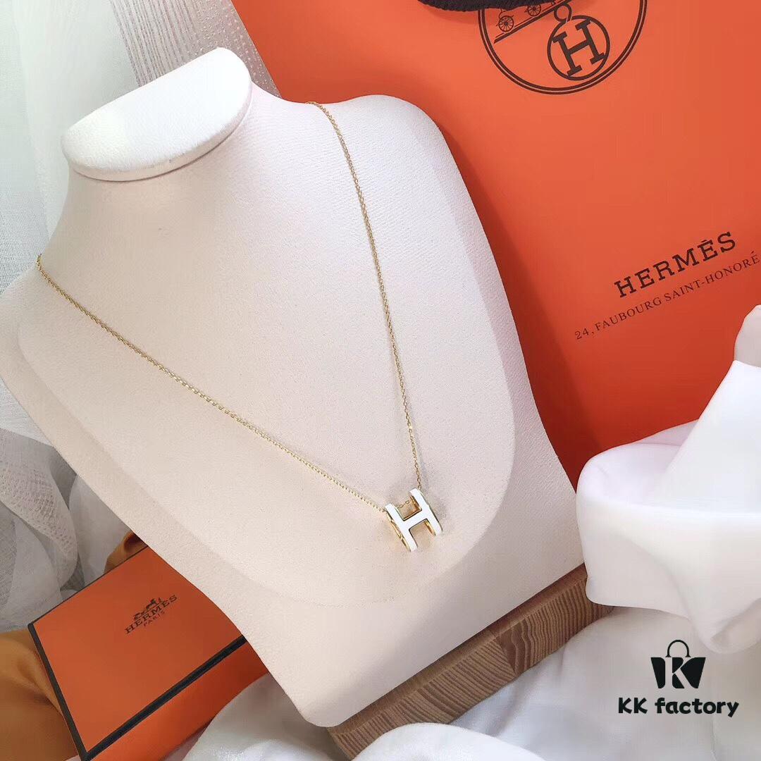 Hermès Enamel Curved H Necklace in Gold Tones