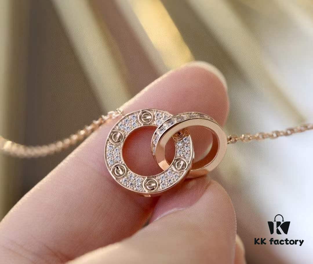 Valentine's Gift 🎁 Cartier Rose Gold Double Ring Full Diamond Round Pendant Necklace