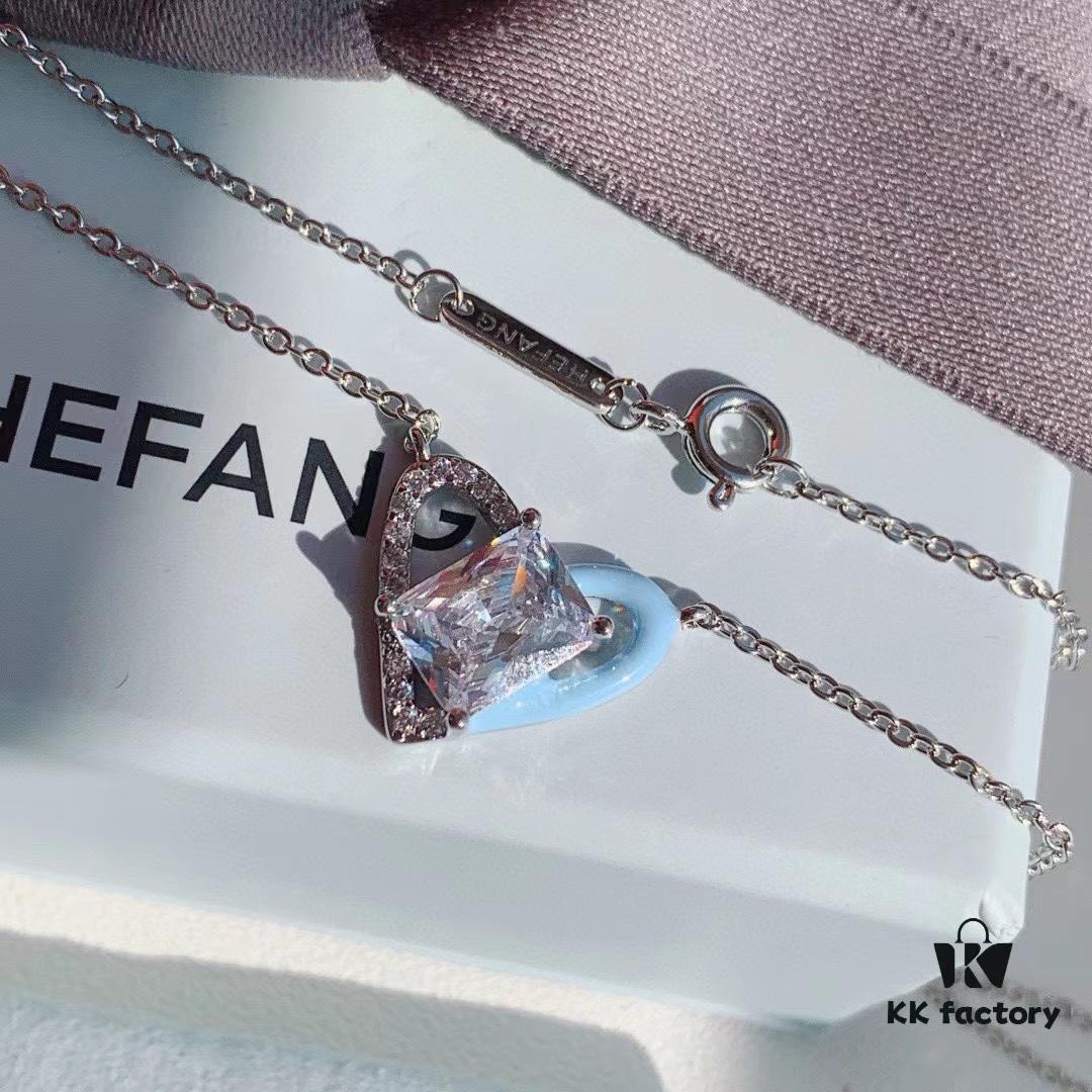 HeFang Jewelry Official New Arrival Barbie 'Ice Blue Sweetheart' Necklace, Heart-shaped Mini Ice Crystal Elegant Collar Chain