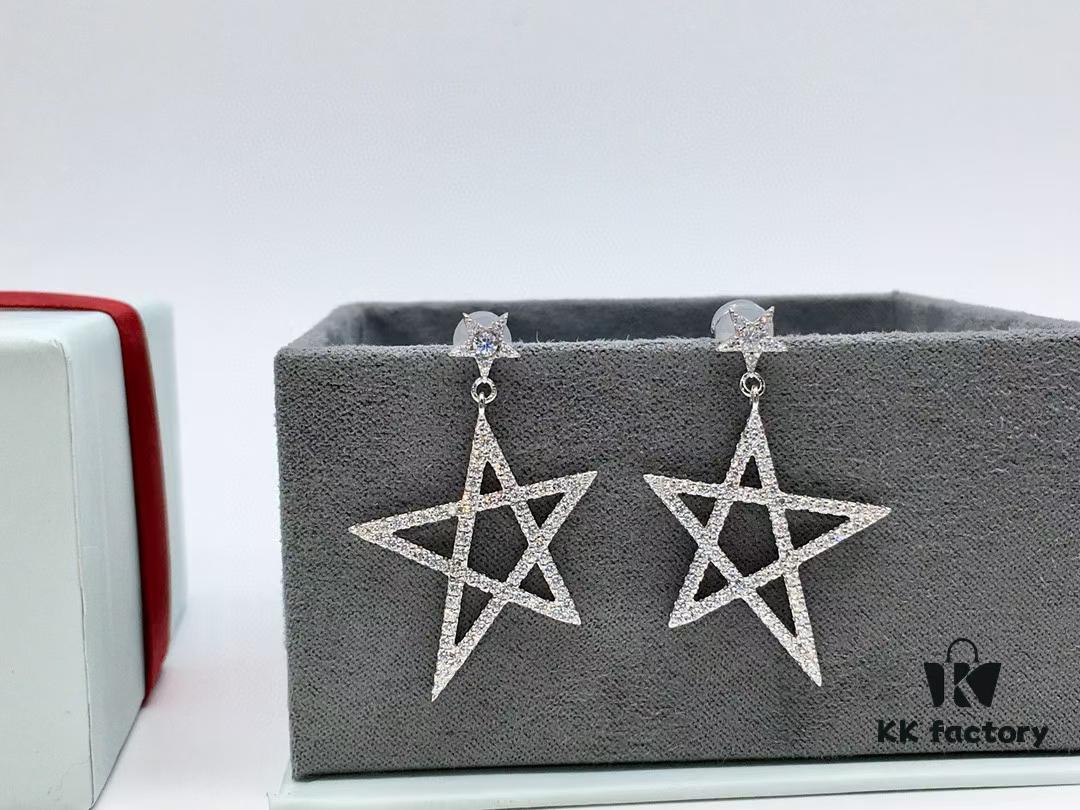 NAZA Same Style HEFANG Jewelry Hollow-out Five-pointed Star Earrings, S925 Silver with 3A Zircon Set in White Gold Plated Finish