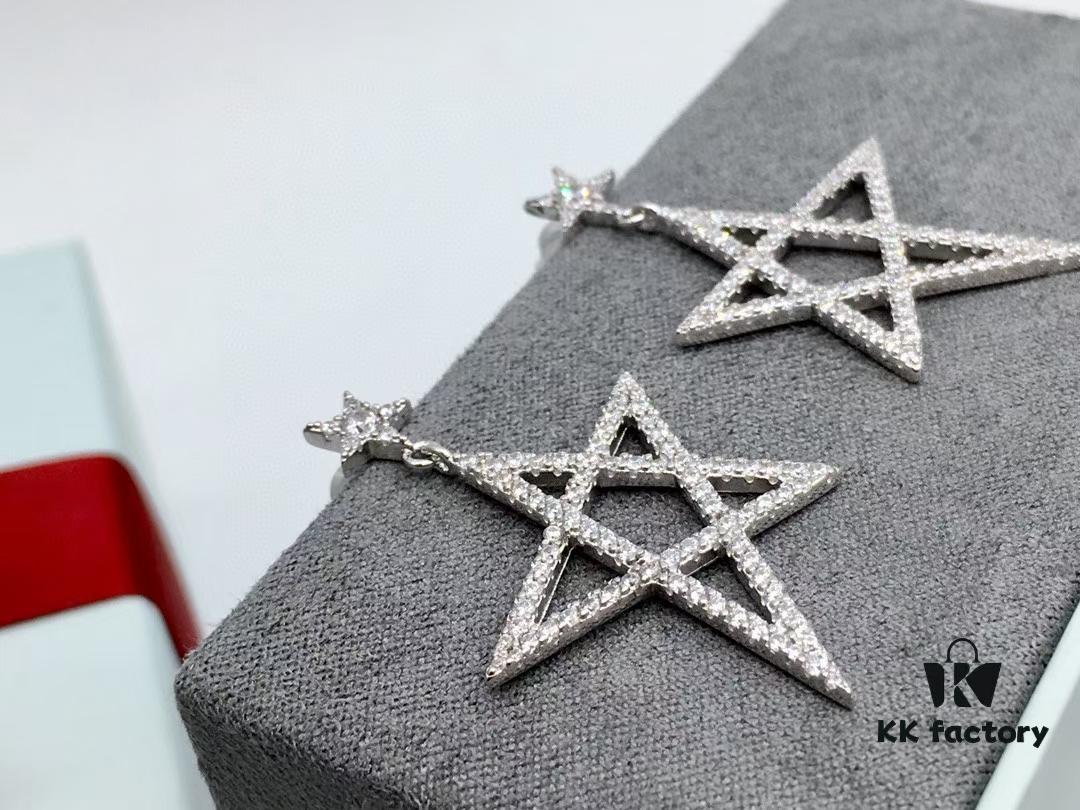NAZA Same Style HEFANG Jewelry Hollow-out Five-pointed Star Earrings, S925 Silver with 3A Zircon Set in White Gold Plated Finish