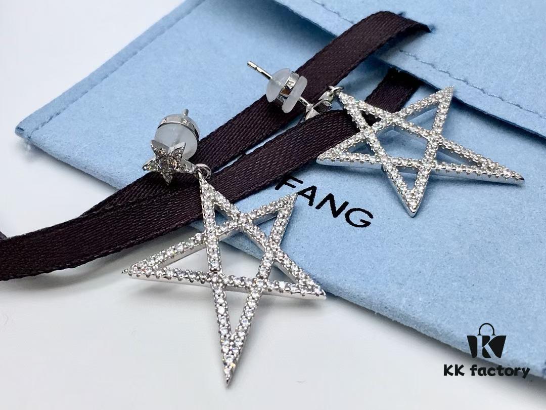 NAZA Same Style HEFANG Jewelry Hollow-out Five-pointed Star Earrings, S925 Silver with 3A Zircon Set in White Gold Plated Finish