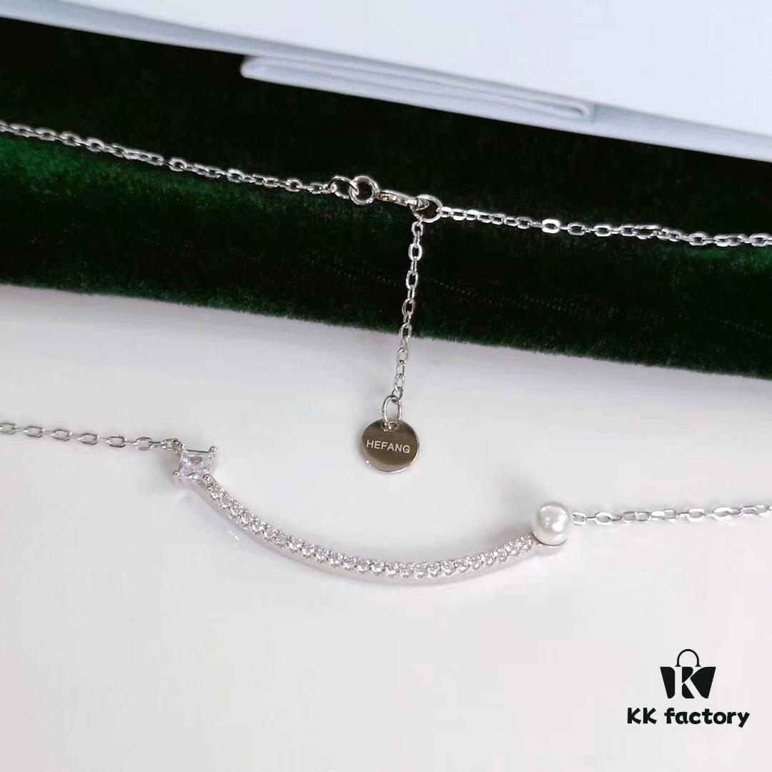 Hefang Jewelry Balance Series Pearl Smile Necklace, 925 Sterling Silver Ins-Style Elegant Smile Pendant Collar Chain