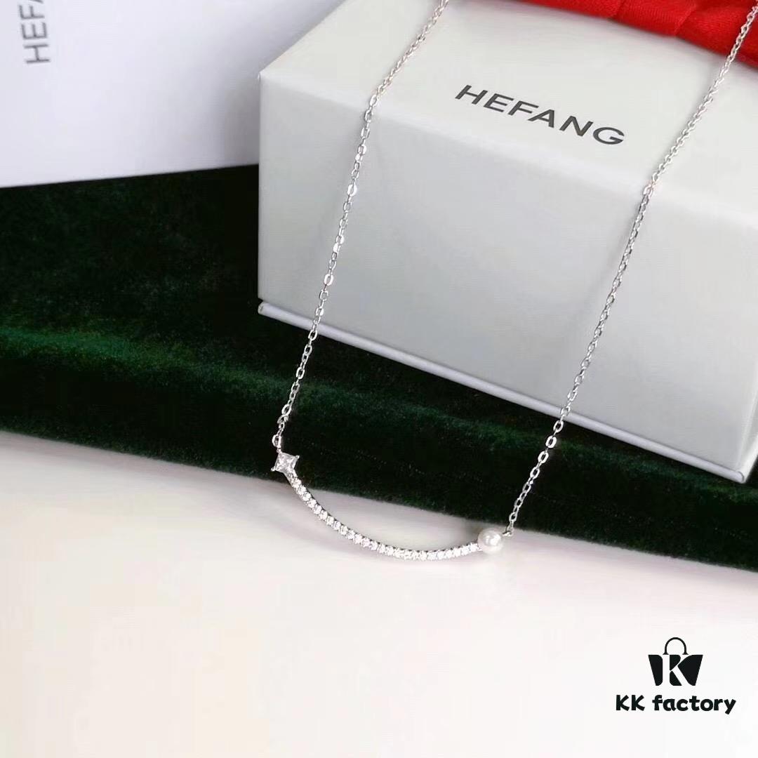 Hefang Jewelry Balance Series Pearl Smile Necklace, 925 Sterling Silver Ins-Style Elegant Smile Pendant Collar Chain