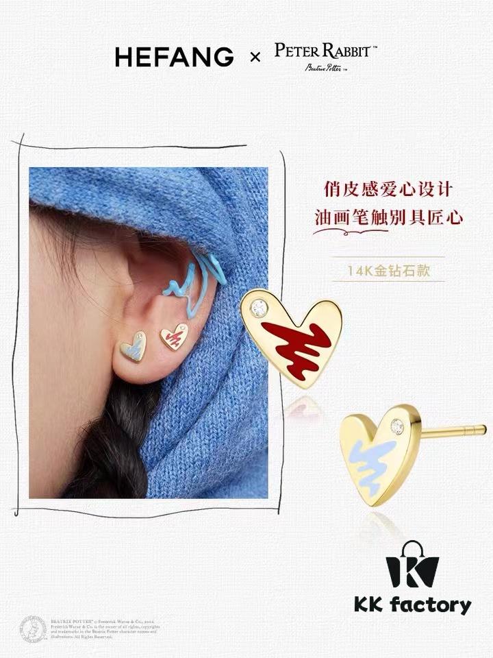 Rabbit Year New Arrival - HEFANG Bide Rabbit Oil Painting Heart Stud Earrings, S925 Sterling Silver Full Silver Ear Studs, Gift Idea