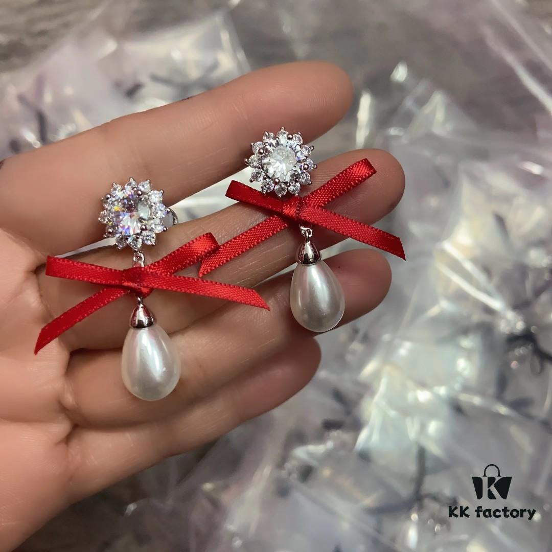 He Fang Bow Silk Ribbon Earrings, Same Style as Yang Mi