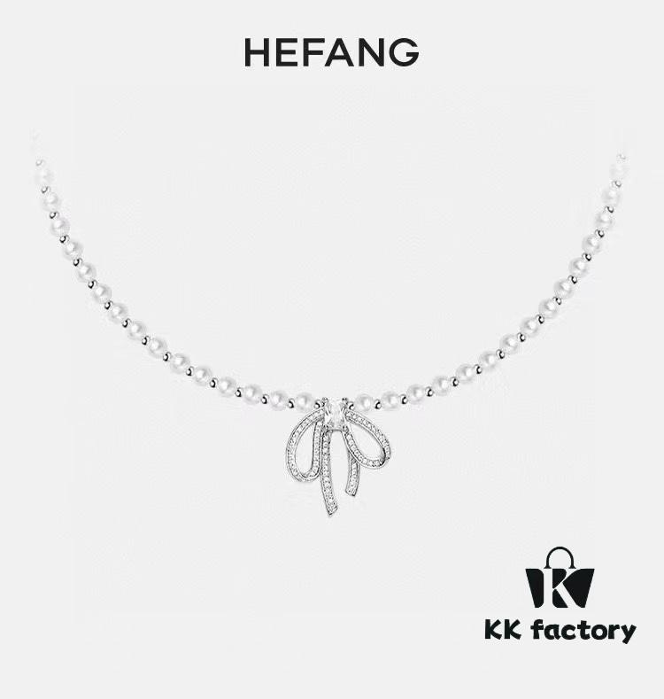 HeFang Jewelry Elizabeth Necklace - Bow Pendant Luxury Wedding Collar Chain, 42cm Adjustable