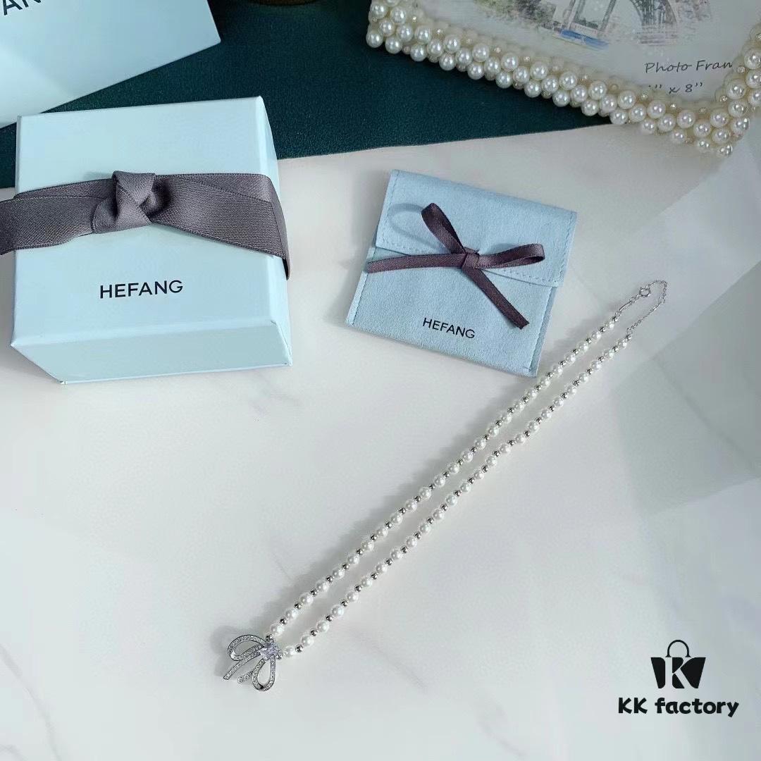 HeFang Jewelry Elizabeth Necklace - Bow Pendant Luxury Wedding Collar Chain, 42cm Adjustable