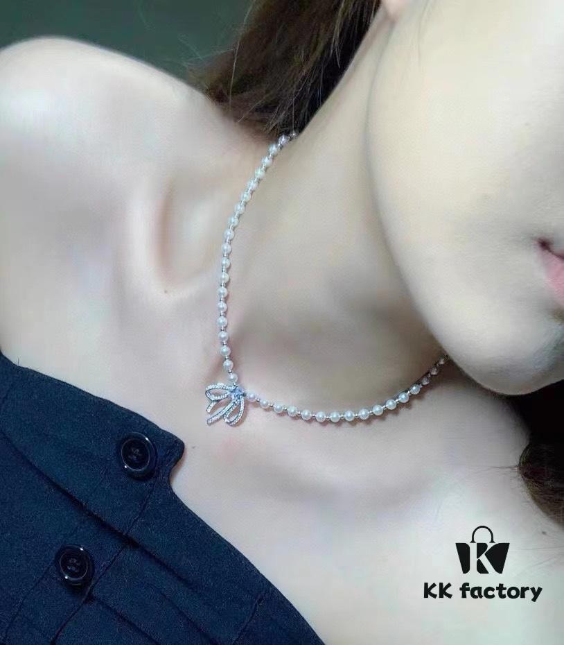 HeFang Jewelry Elizabeth Necklace - Bow Pendant Luxury Wedding Collar Chain, 42cm Adjustable