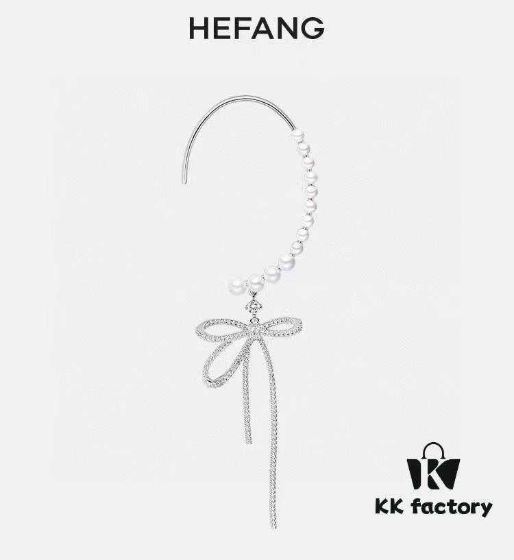 HeFang Jewelry Pearl Bow Earrings, High-End Ear Clip Without Piercings, Reverse Hanging Design