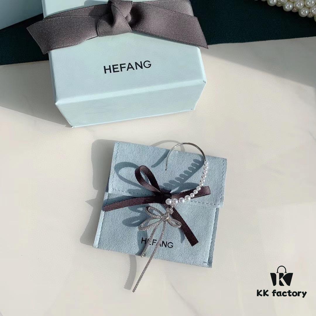 HeFang Jewelry Pearl Bow Earrings, High-End Ear Clip Without Piercings, Reverse Hanging Design