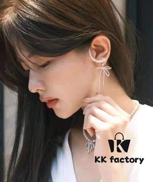 HeFang Jewelry Pearl Bow Earrings, High-End Ear Clip Without Piercings, Reverse Hanging Design