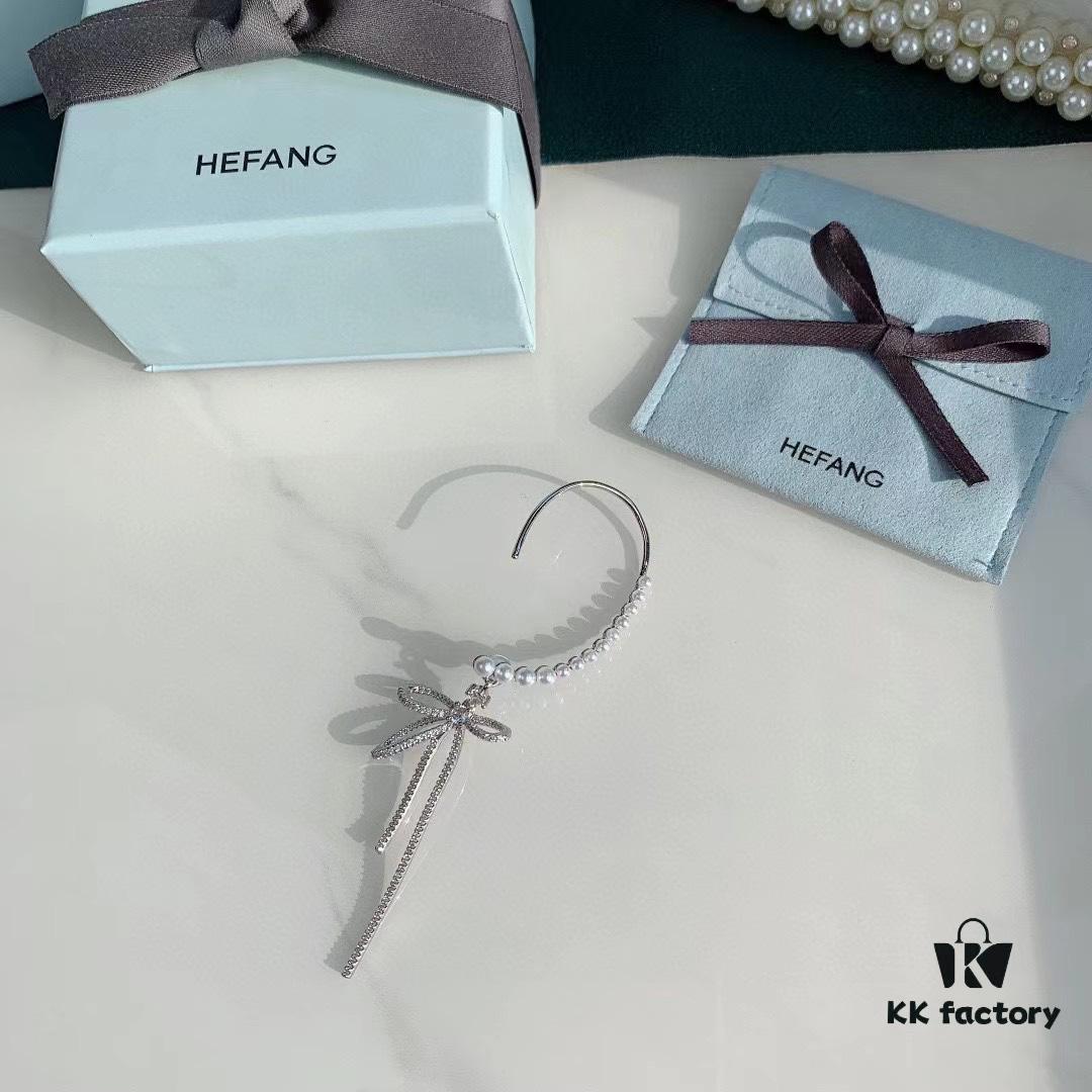 HeFang Jewelry Pearl Bow Earrings, High-End Ear Clip Without Piercings, Reverse Hanging Design