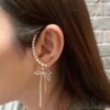 HeFang Jewelry Pearl Bow Earrings, High-End Ear Clip Without Piercings, Reverse Hanging Design