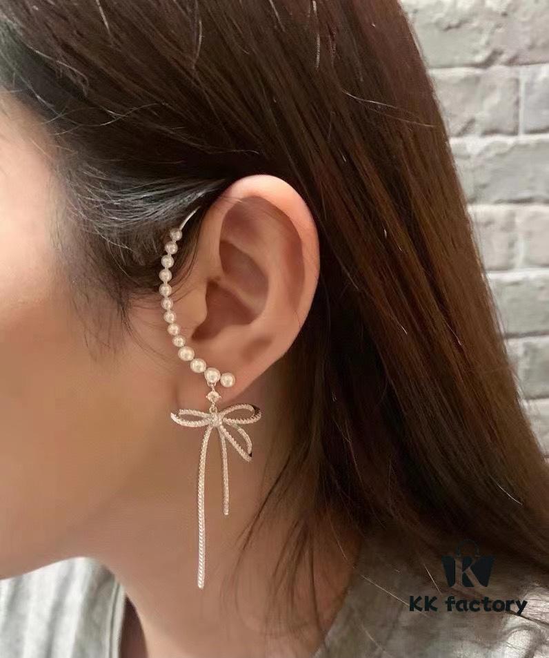 HeFang Jewelry Pearl Bow Earrings, High-End Ear Clip Without Piercings, Reverse Hanging Design