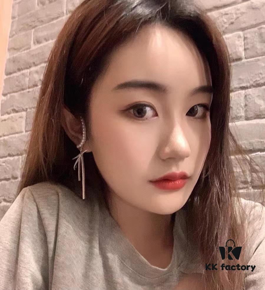 HeFang Jewelry Pearl Bow Earrings, High-End Ear Clip Without Piercings, Reverse Hanging Design