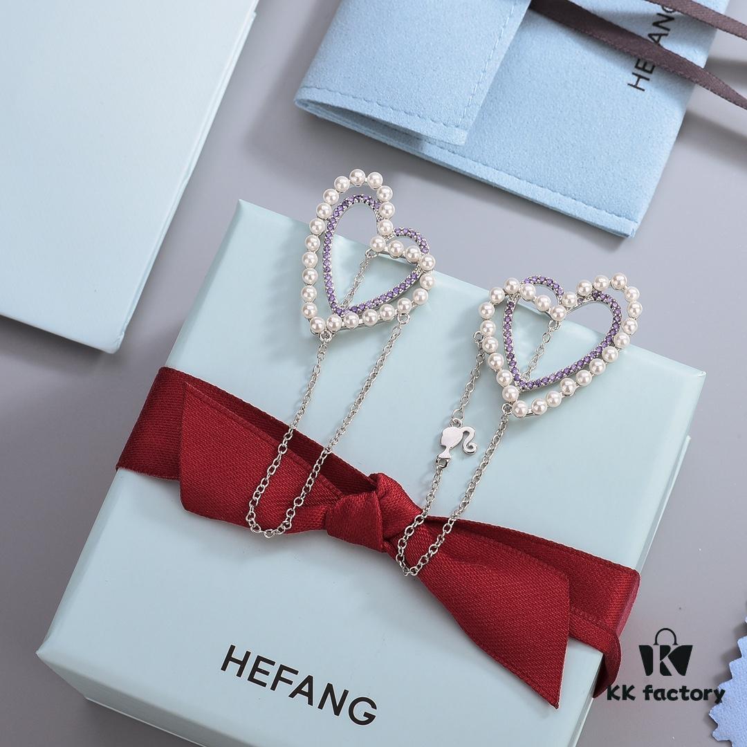 HEFANG Jewelry Romantic Heart Purple Zirconia S925 Sterling Silver Stud Earrings - Barbie Collection, High-End Design, Celebrity-Inspired Style