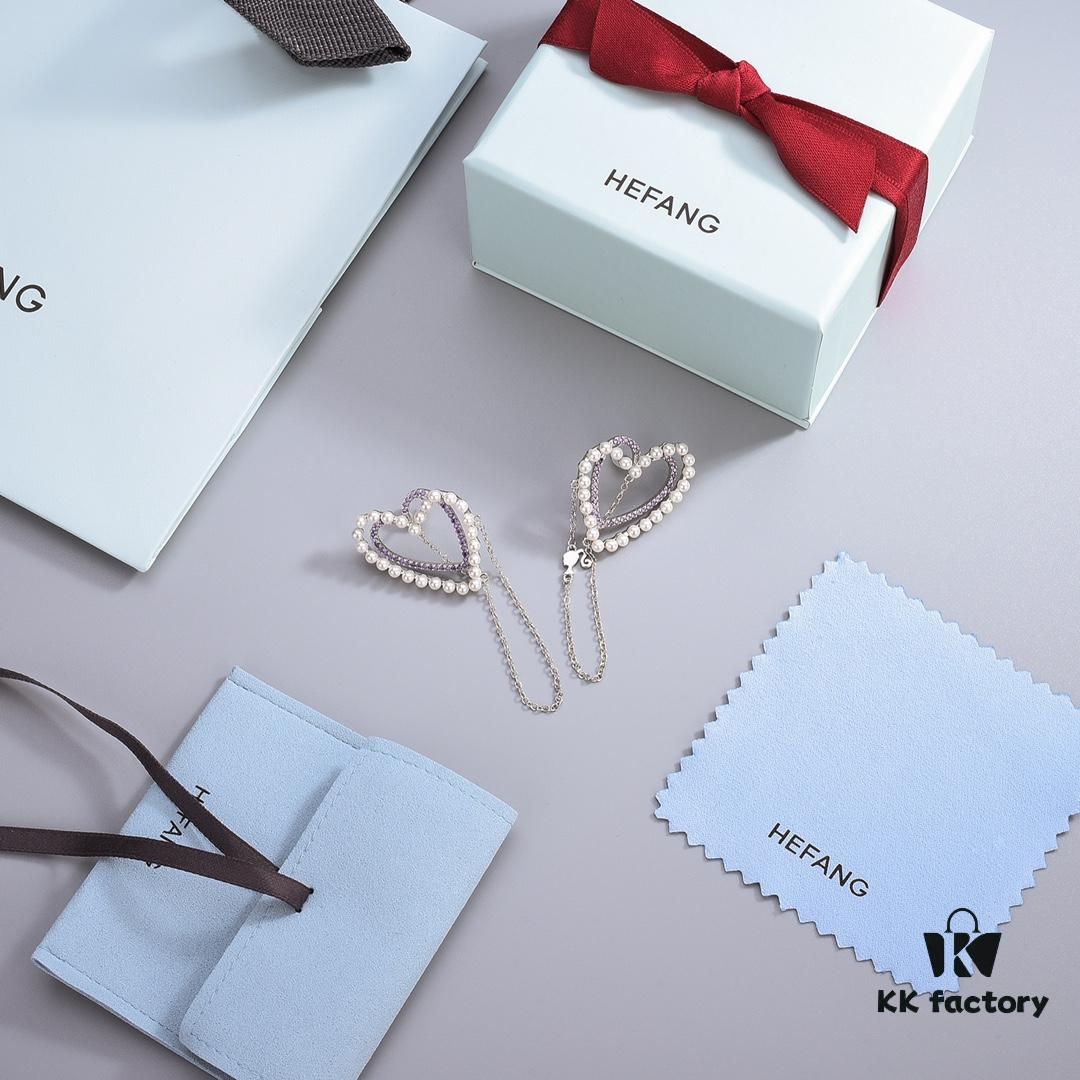 HEFANG Jewelry Romantic Heart Purple Zirconia S925 Sterling Silver Stud Earrings - Barbie Collection, High-End Design, Celebrity-Inspired Style