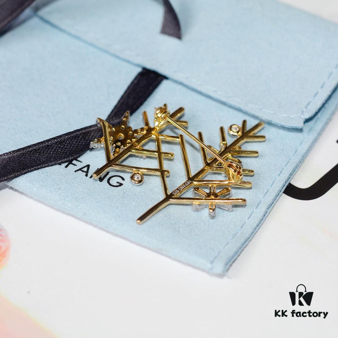 HEFANG Jewelry Snow Tree Brooch, 925 Sterling Silver, Inspired by Snow-Covered Trees in Winter