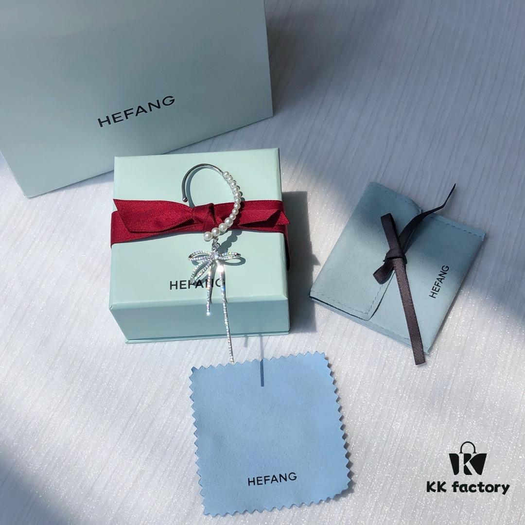 HEFANG Jewelry Pearl Bow Earrings with Reverse Tassel Ear Cuff (Right Ear)