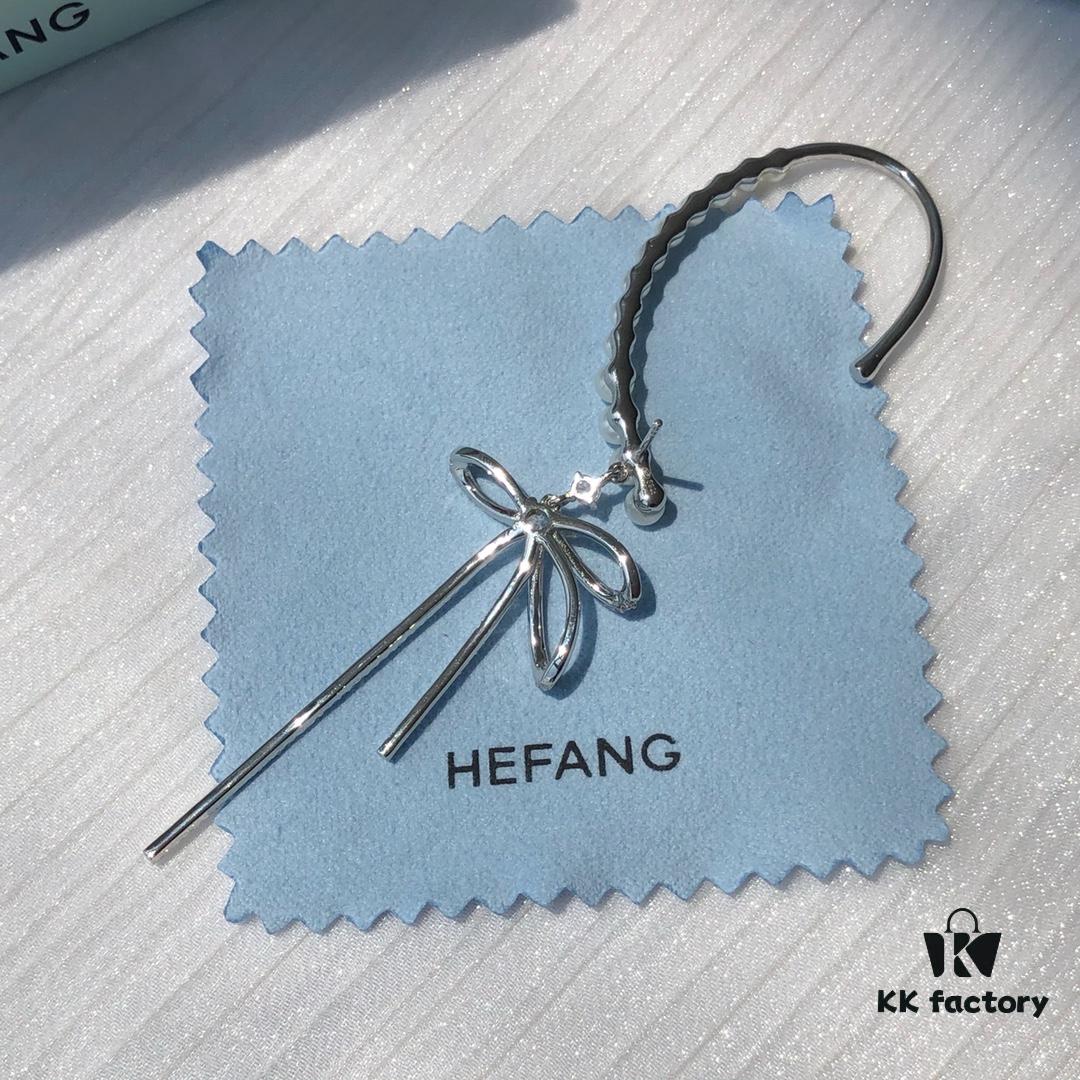 HEFANG Jewelry Pearl Bow Earrings with Reverse Tassel Ear Cuff (Right Ear)