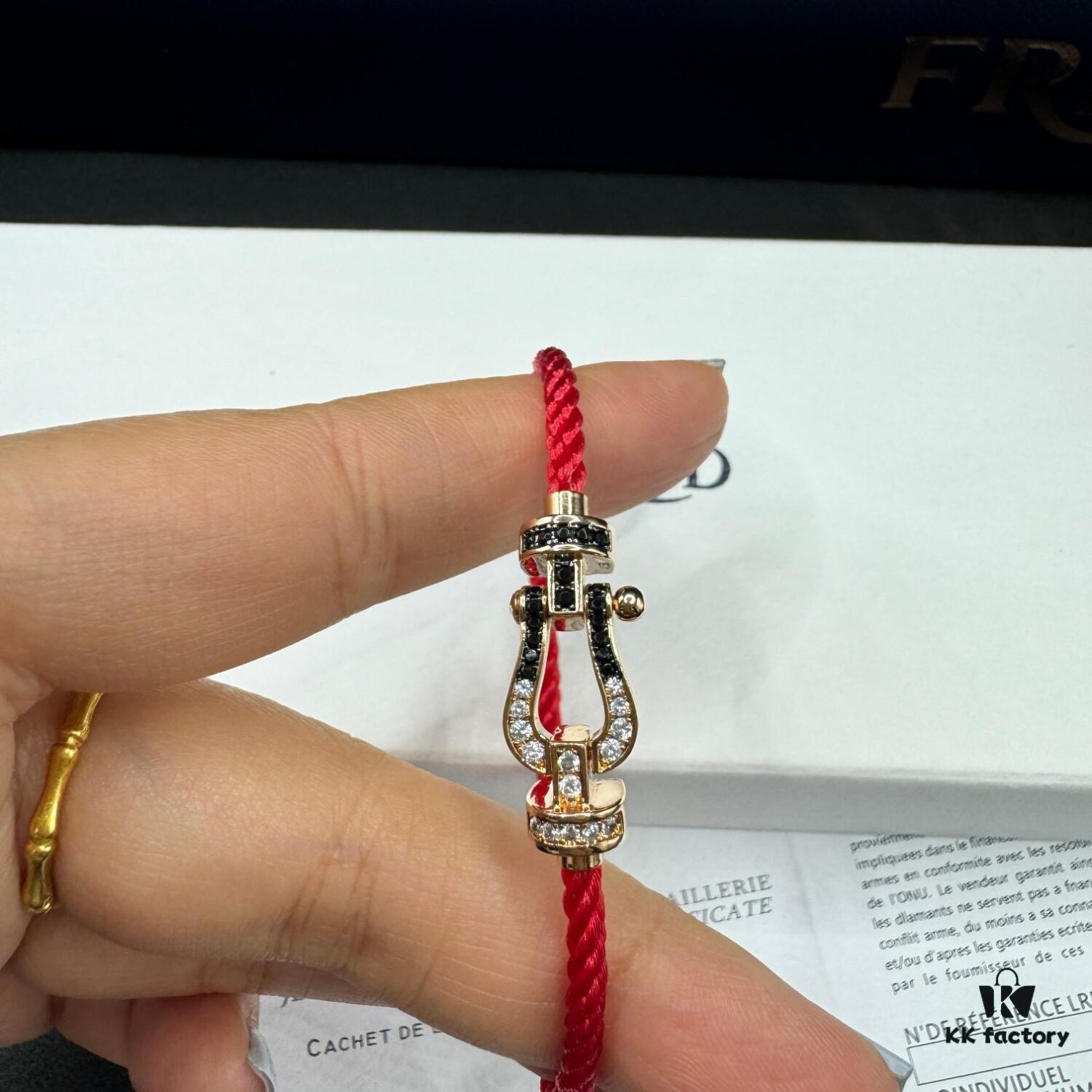 FRED Fred Bracelet, Medium Rose Gold Force 10 with Black and White Gemstones, Steel Cord Bracelet