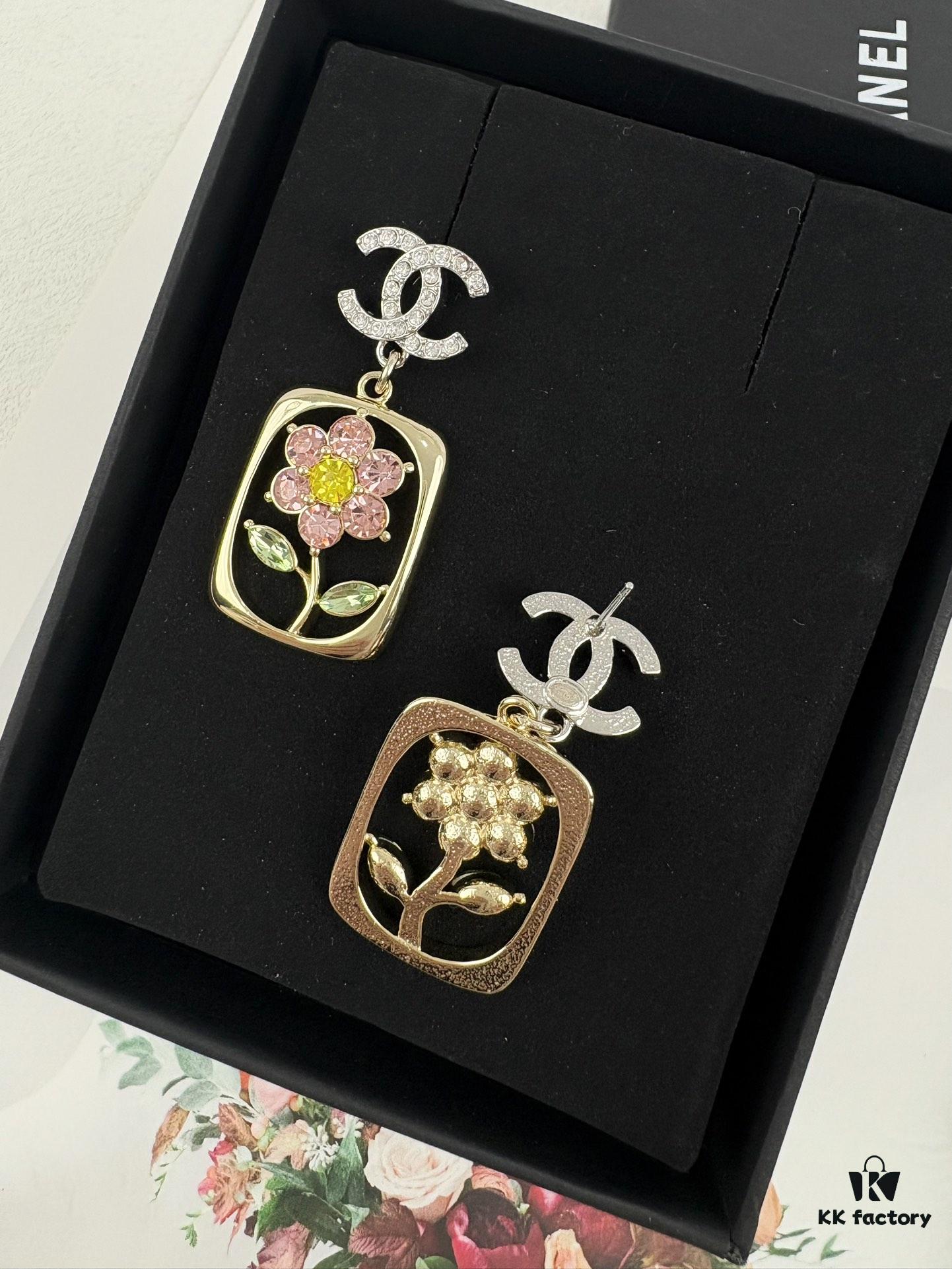 Xiaoxiang New Rectangular Picture Frame Surrounding Flower Colorful Rhinestone Hollow Pendant Earrings