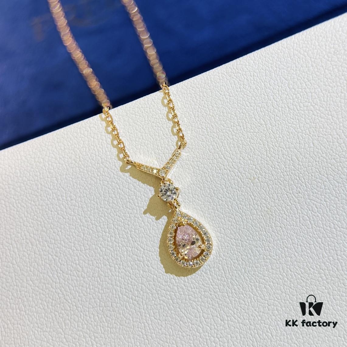 Swarovski Teardrop Pear-Shaped Diamond Pendant Necklace with Tassel, High-Quality Hand-Set Imported Zircon Gemstones