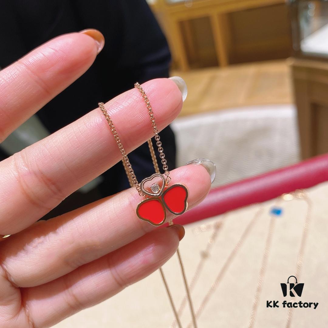 Chopard Happy Hearts Wings Series Champagne Gold Red Agate Peacock White Shell Floating Diamond Necklace