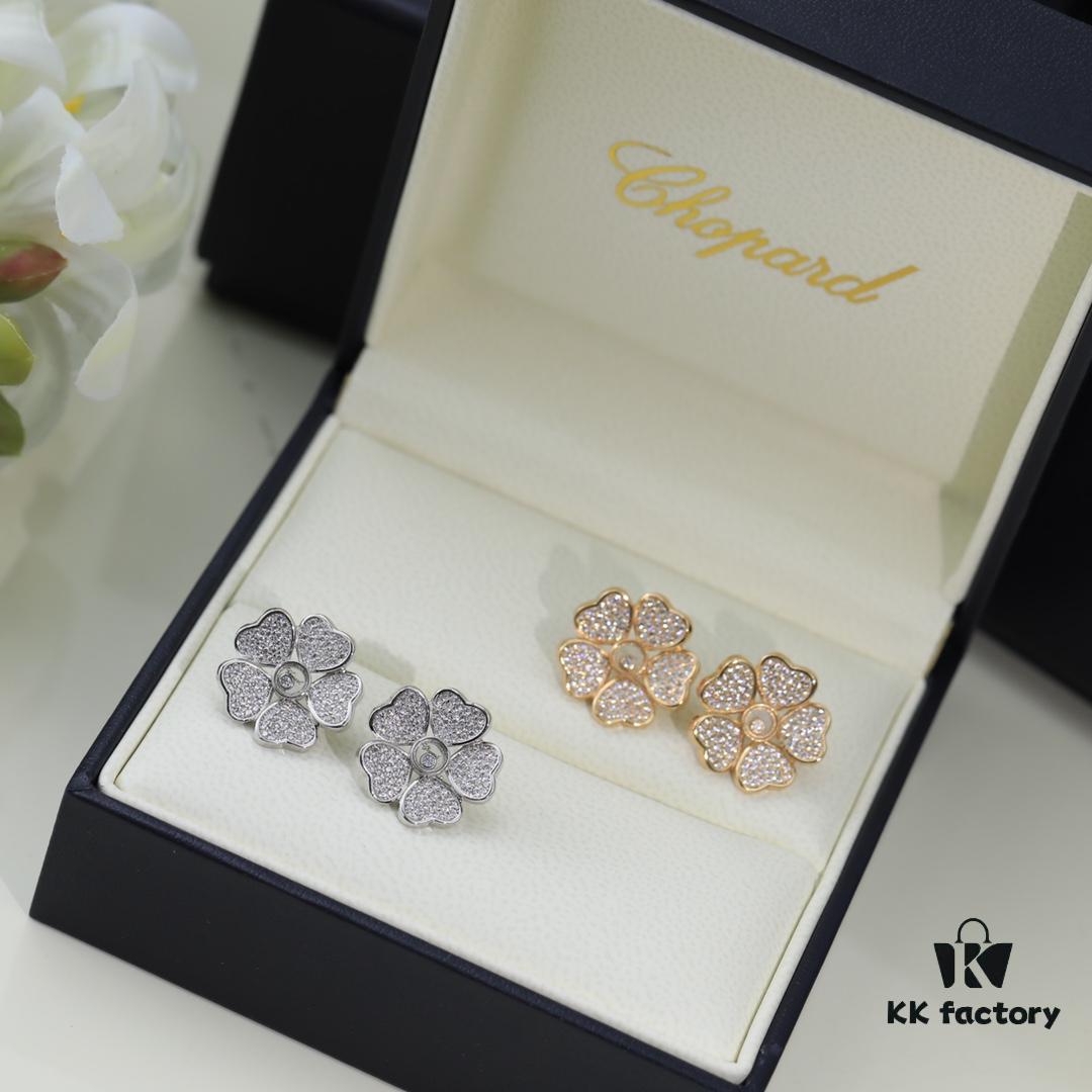 Chopard High-End Stud Earrings with Signature Moving Diamond, 18K Rose Gold and White Gold, Hypoallergenic Silver Pin, Logo on Glass