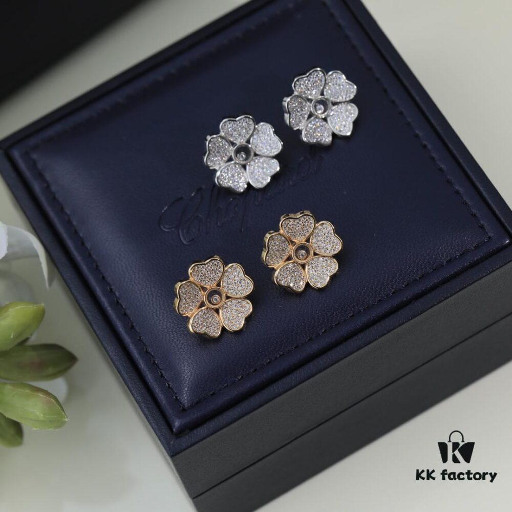 Chopard High-End Stud Earrings with Signature Moving Diamond, 18K Rose Gold and White Gold, Hypoallergenic Silver Pin, Logo on Glass