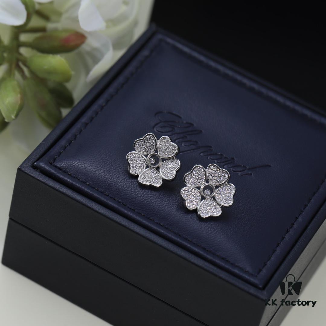 Chopard High-End Stud Earrings with Signature Moving Diamond, 18K Rose Gold and White Gold, Hypoallergenic Silver Pin, Logo on Glass