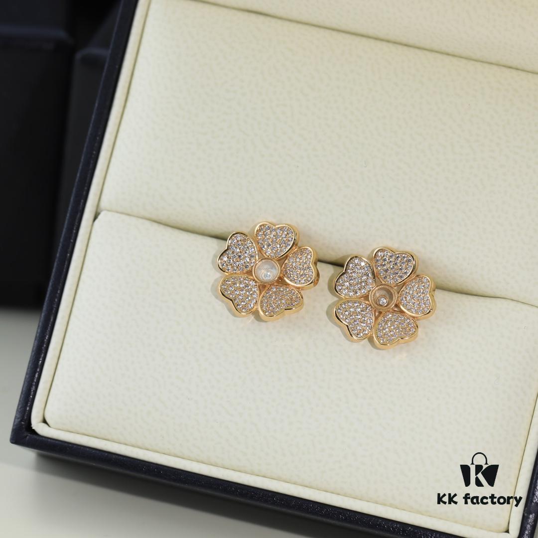 Chopard High-End Stud Earrings with Signature Moving Diamond, 18K Rose Gold and White Gold, Hypoallergenic Silver Pin, Logo on Glass