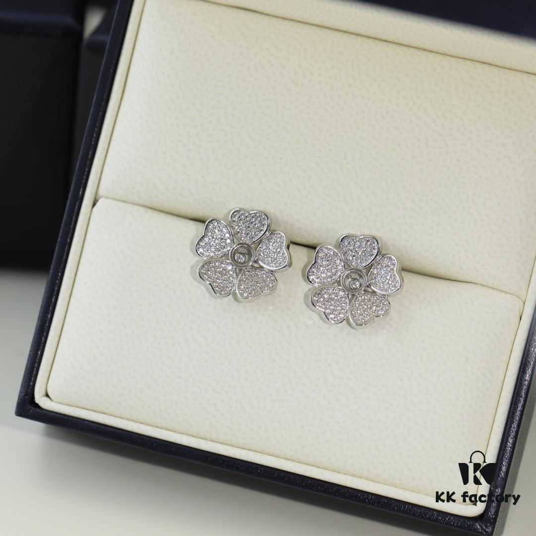 Chopard High-End Stud Earrings with Signature Moving Diamond, 18K Rose Gold and White Gold, Hypoallergenic Silver Pin, Logo on Glass