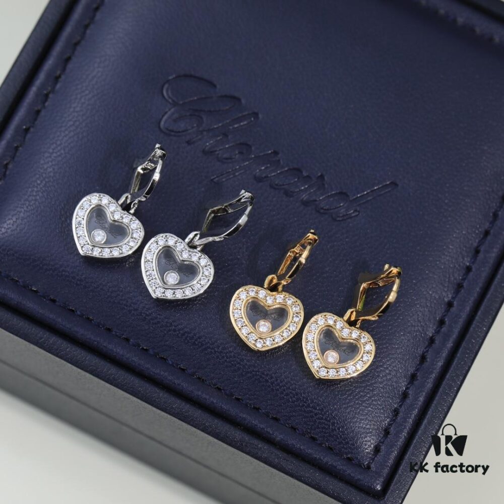 Chopard High-End Stud Earrings with Diamond Encased in Glass, 18K Rose Gold and White Gold, Hypoallergenic, Heart Design with Logo on Glass