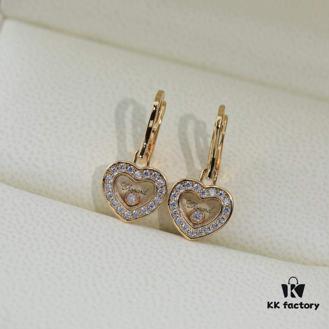 Chopard High-End Stud Earrings with Diamond Encased in Glass, 18K Rose Gold and White Gold, Hypoallergenic, Heart Design with Logo on Glass