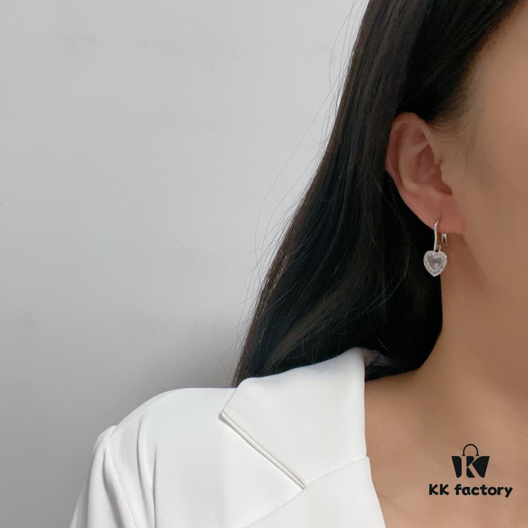 Chopard High-End Stud Earrings with Diamond Encased in Glass, 18K Rose Gold and White Gold, Hypoallergenic, Heart Design with Logo on Glass