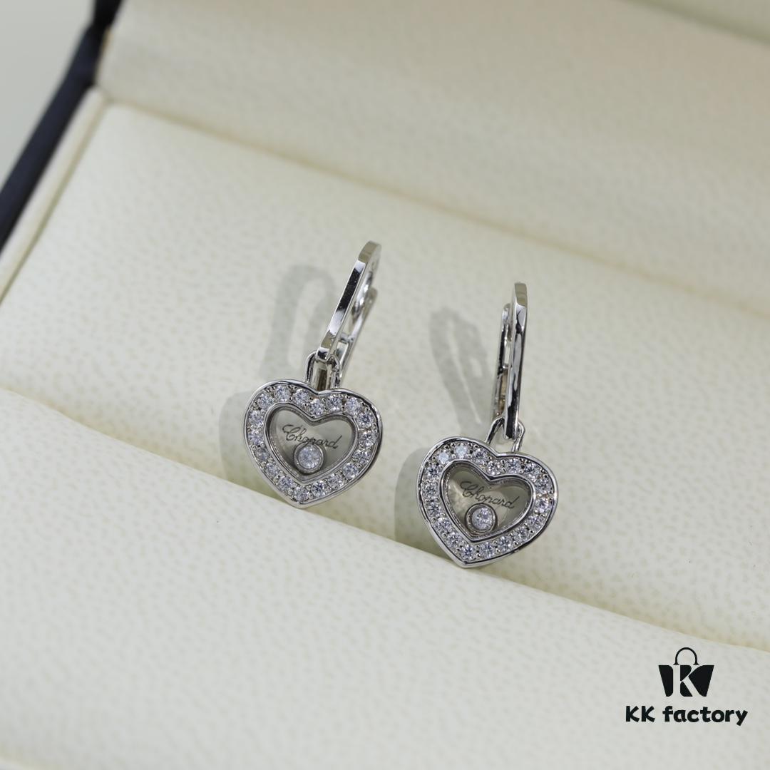 Chopard High-End Stud Earrings with Diamond Encased in Glass, 18K Rose Gold and White Gold, Hypoallergenic, Heart Design with Logo on Glass