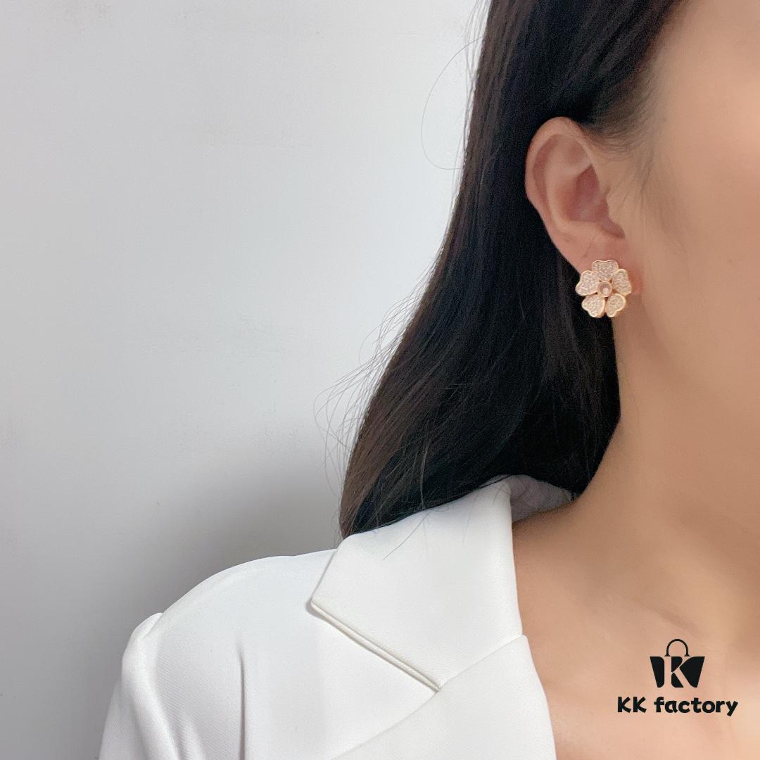 Chopard High-End Stud Earrings with Signature Moving Diamond, 18K Rose Gold and White Gold, Hypoallergenic Silver Pin, Logo on Glass