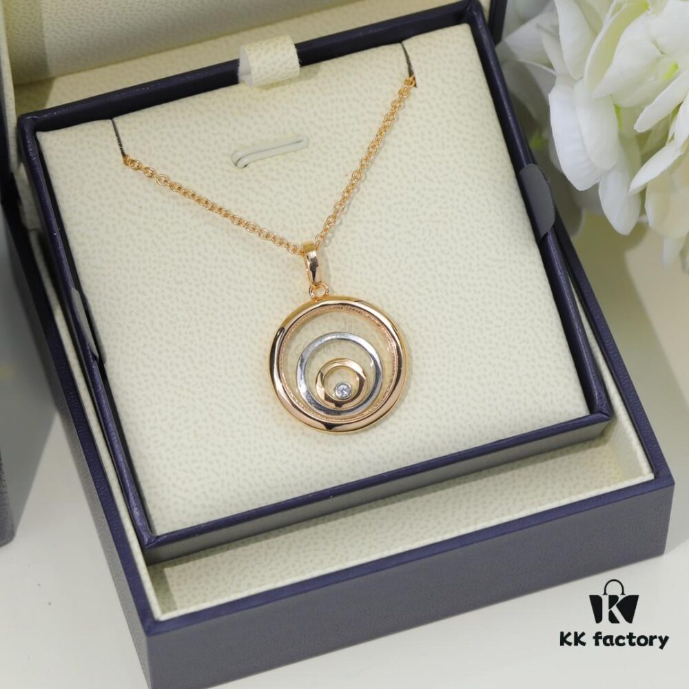 Chopard Necklace: Iconic Lucky Chopard with Moving Diamond, 18K Rose Gold Plated Adjustable Three-Ring Pendant
