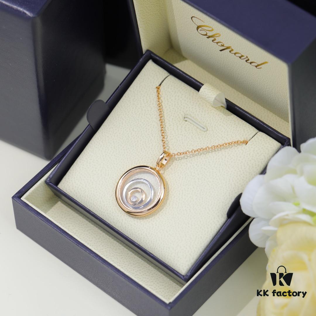Chopard Necklace: Iconic Lucky Chopard with Moving Diamond, 18K Rose Gold Plated Adjustable Three-Ring Pendant